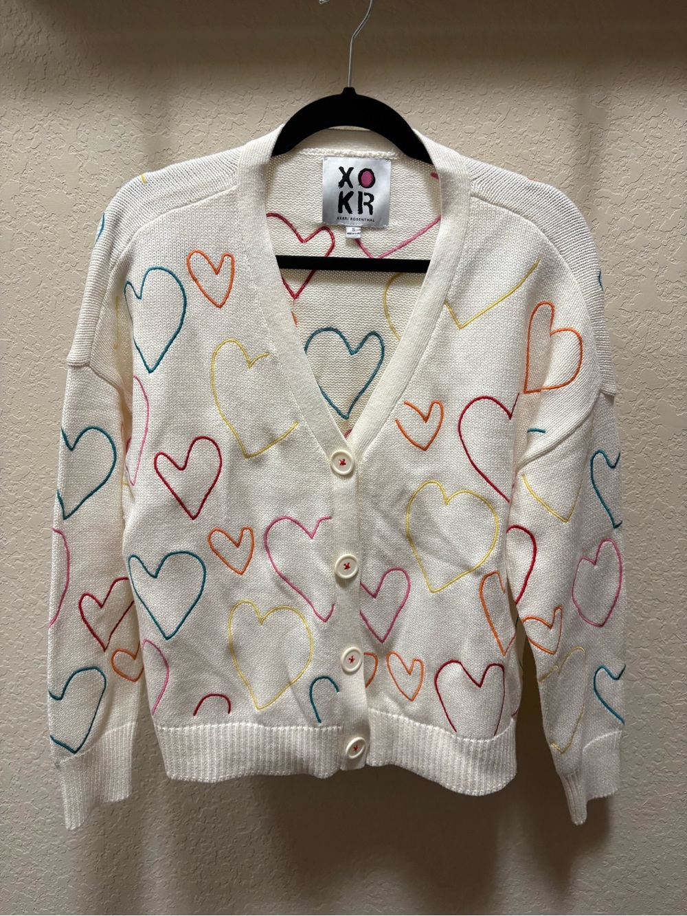XO/ KR Cream Heart-Embroidered Button Cardigan